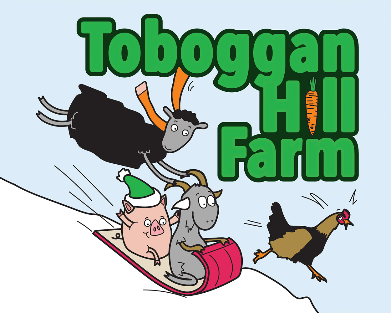 Tobaggan Hill Farm with sheep, pig, goat, and chicken sledding down a hill